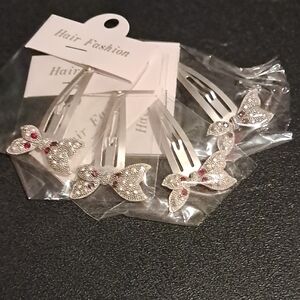 Elegant Silver Bow Hair Clips with Red Accents Set Of 4
